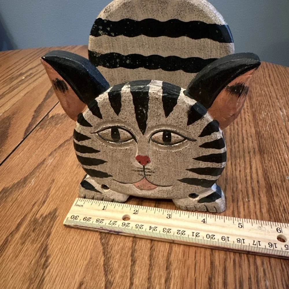 Wood Napkin Holder Tan Folk Art Cat Hand Painted Striped